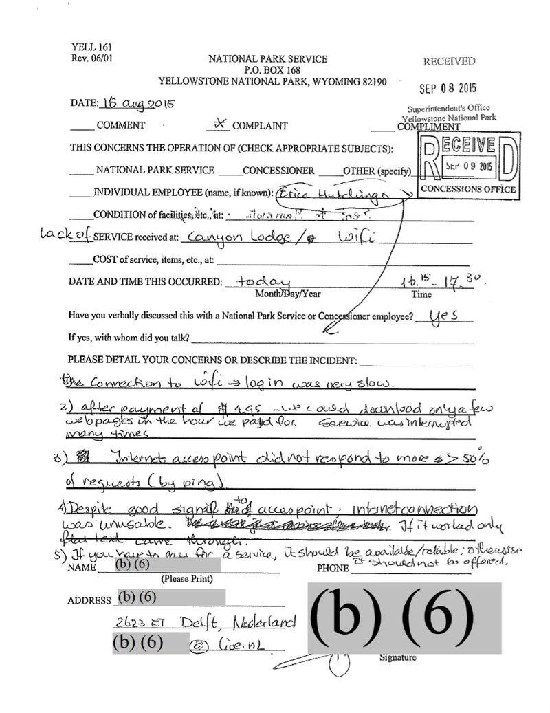 Complaint from a visitor to Yellowstone National Park